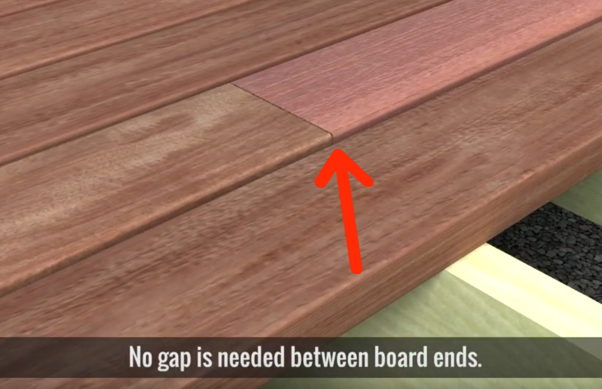 Deck boards should be installed with no space end to end.