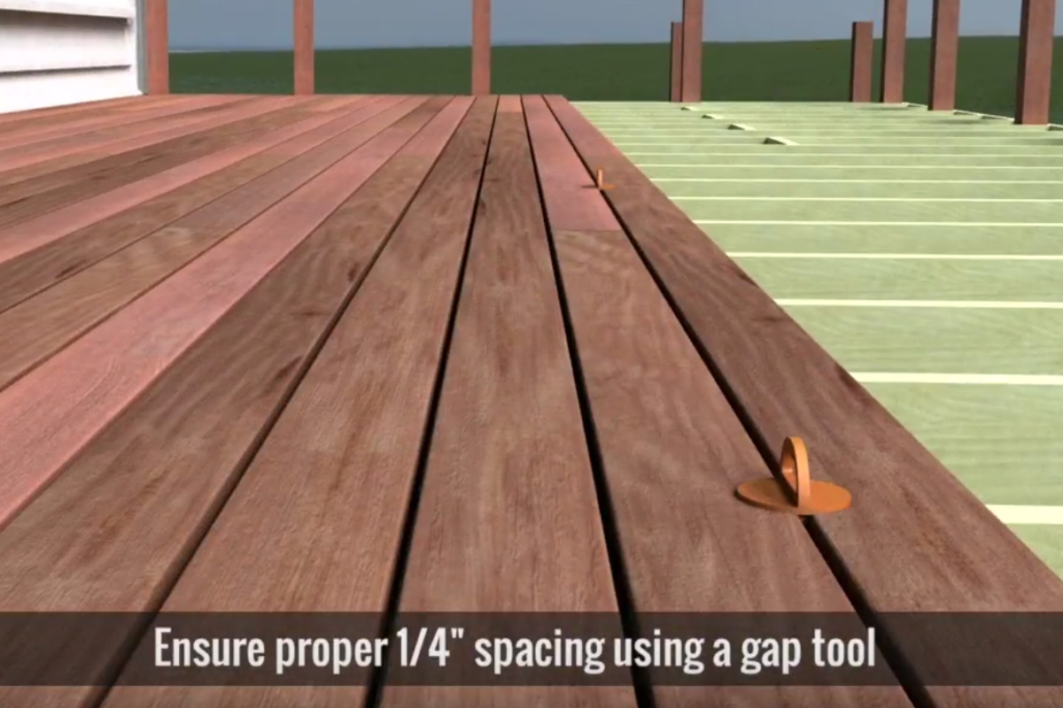 Deck boards should be spaced 1/4 inch apart, edge to edge.