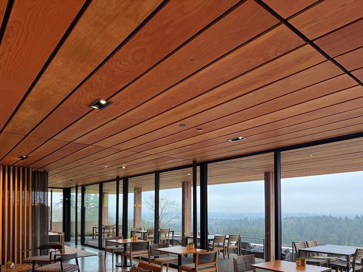 Mixed grain Douglas Fir ceiling in a tasting room Mixed grain Douglas Fir ceiling in a tasting room