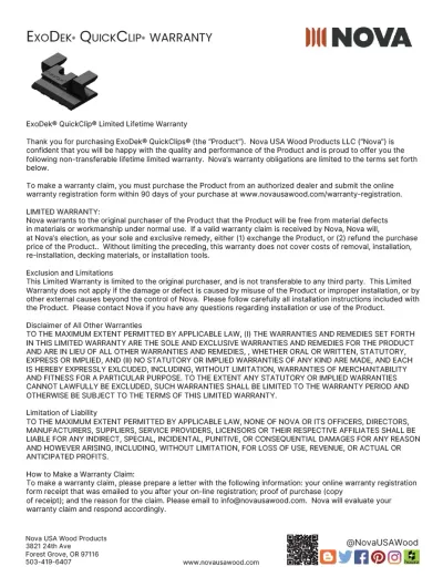 ExoDek QuickClip Limited Lifetime Warranty