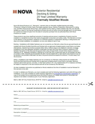 Nova Thermally Modified Decking & Siding Warranty
