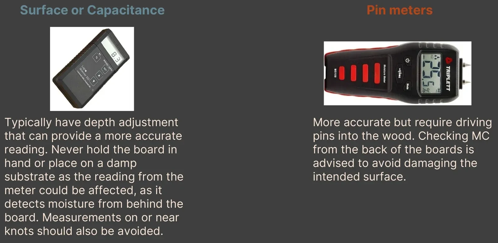 Two moisture meters side by side. Under the heading 