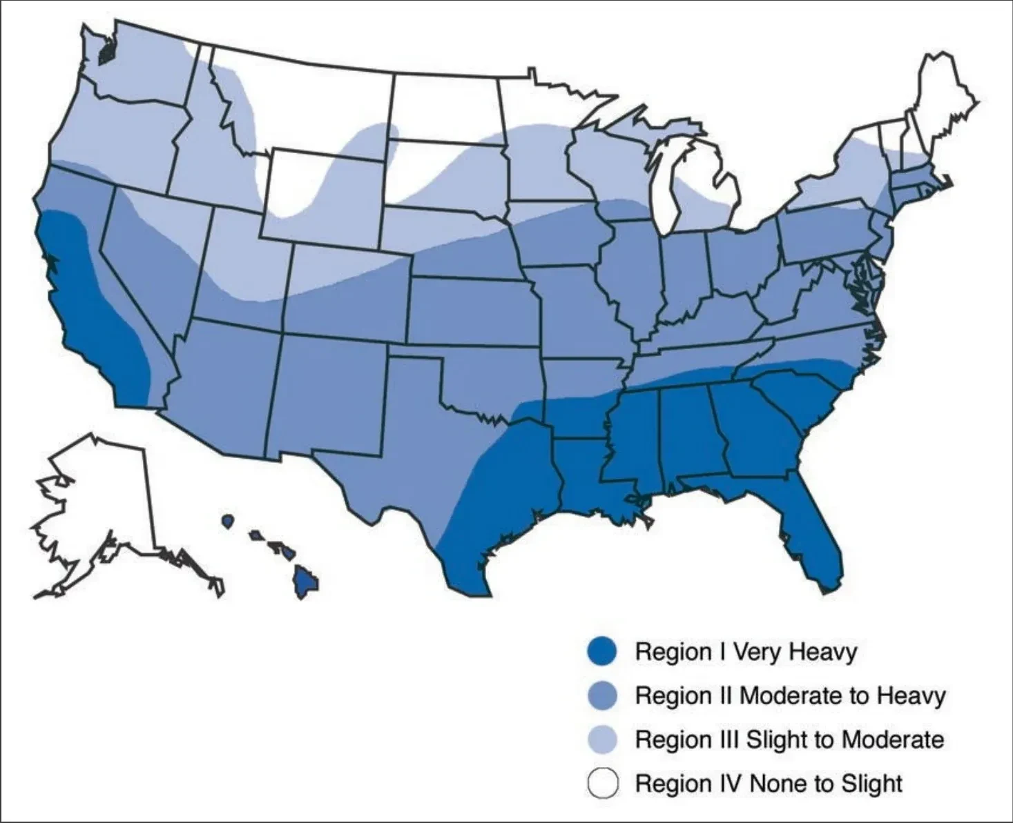 A map of the United States shaded in four tones. Region I, very heavy, is darkest and covers the Gulf Coast, Florida, the southeastern seaboard, coastal California and the Hawaiian islands. Region II, moderate to heavy, covers most of the southern and central states. Region III, slight to moderate, runs across the northern tier. Region IV, none to slight, is left white across the northern Rockies, the Dakotas, northern Michigan, northern New England and Alaska.