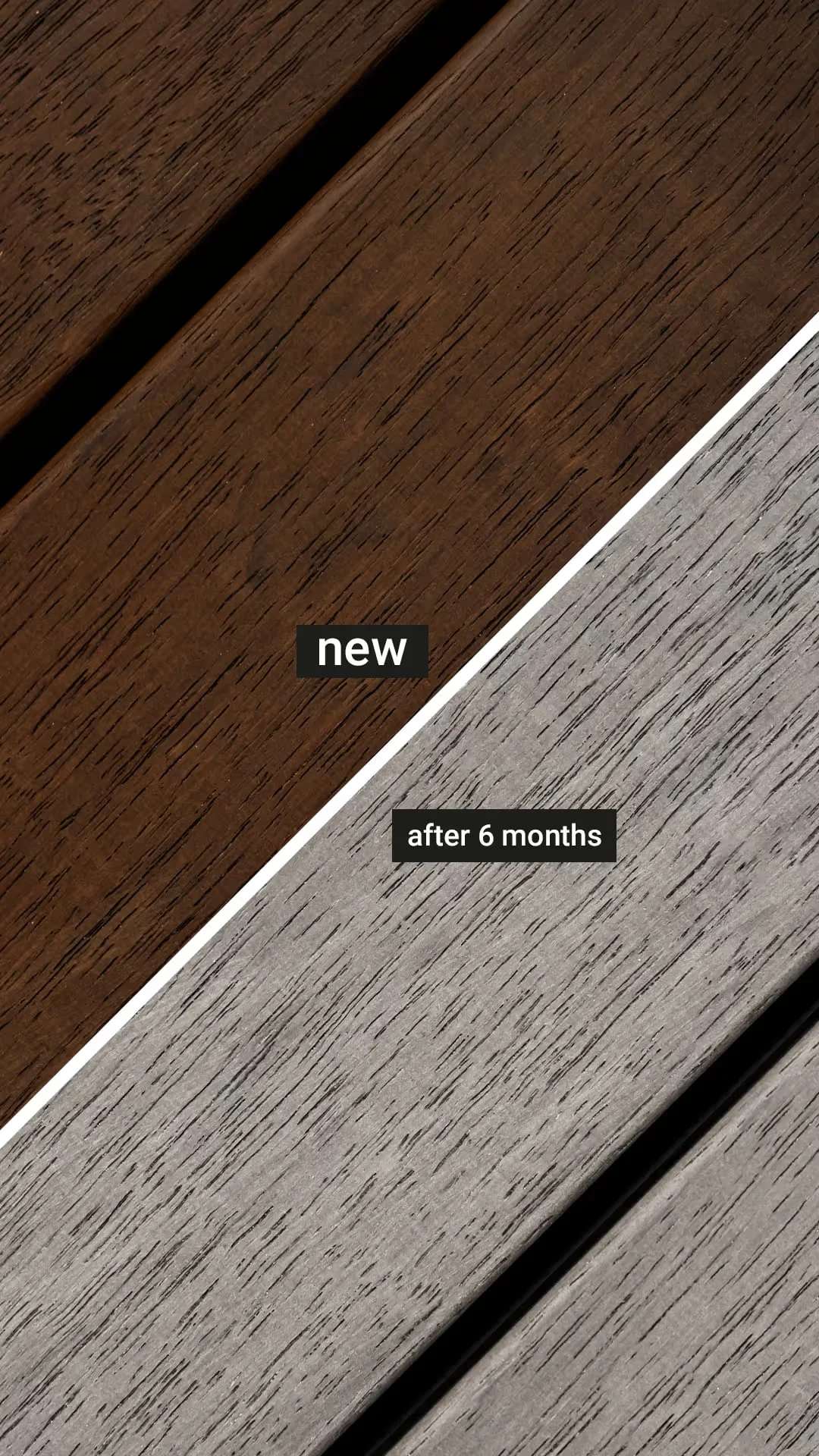 Melywood Merbau new board next to a board weathered for six months