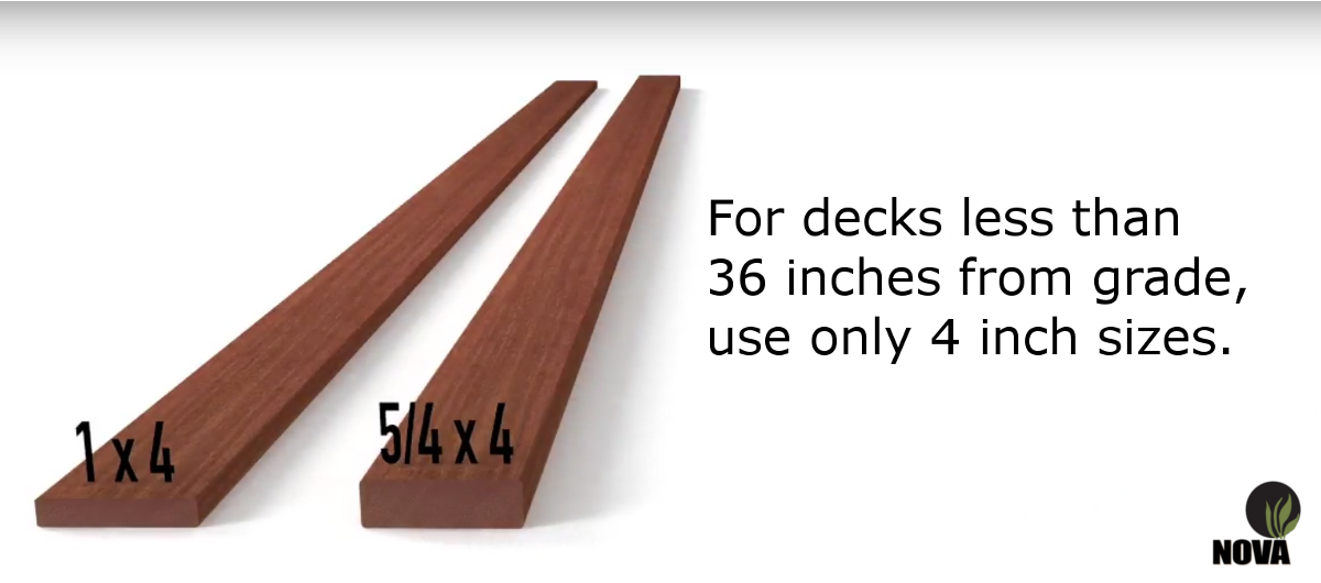 Decks less than 36 inches above ground should be built with 1x4 or 5/4x4 boards.