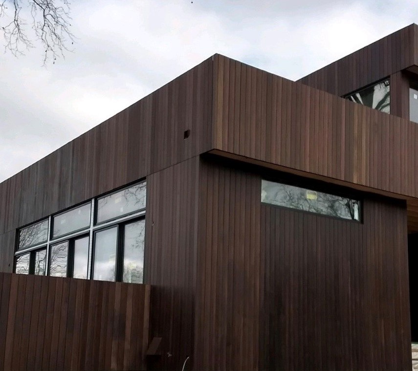 Batu Hardwood 1x6 Rainscreen Siding with ExoShield Black Walnut