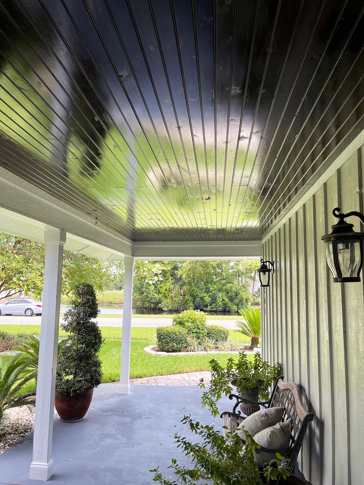 Cedar ceiling stained with ExoShield Black Walnut