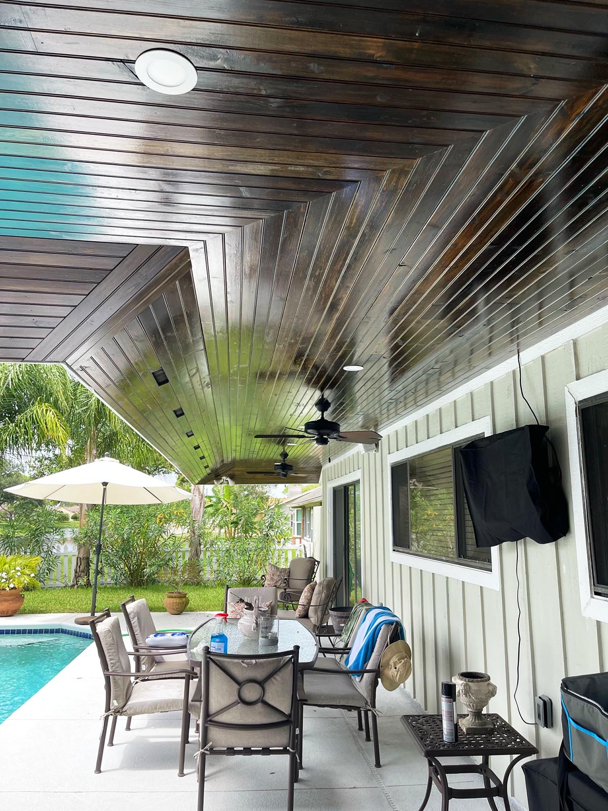 >Cedar ceiling stained with ExoShield Black Walnut