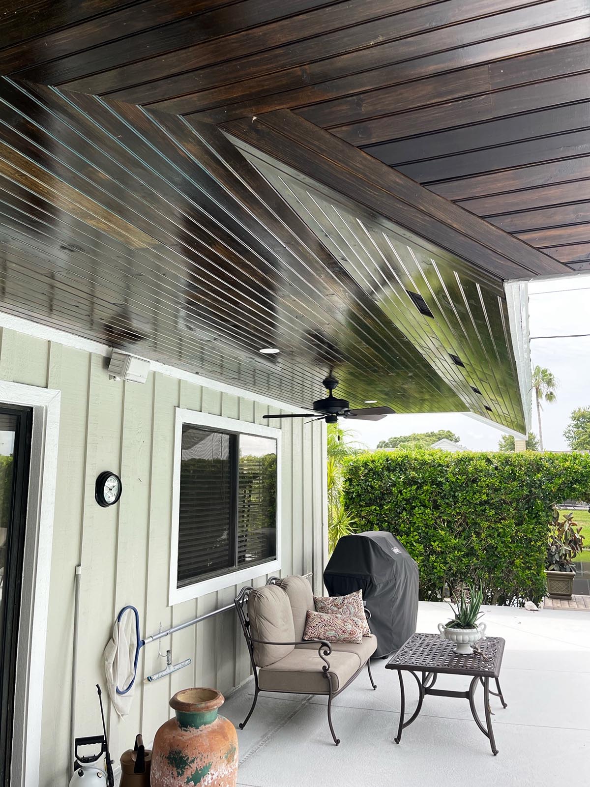 Cedar ceiling stained with ExoShield Black Walnut